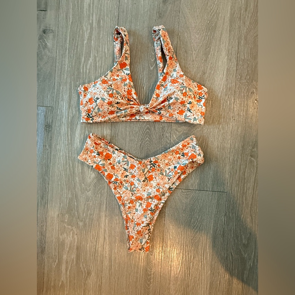 Floral Twist Front Bikini Set in Orange and Cream